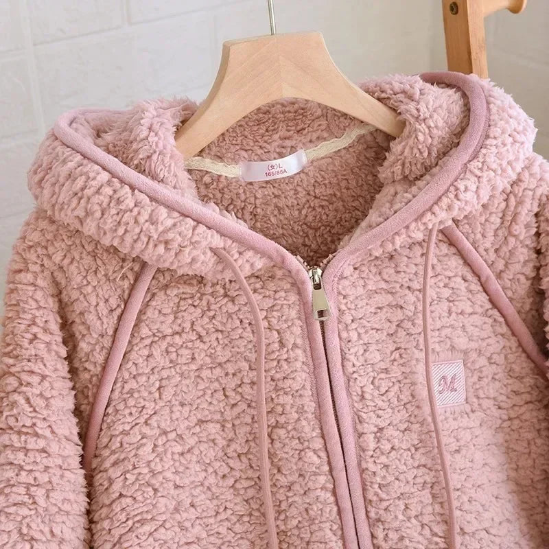 Women’s Fluffy Hooded Pyjama Set – Warm Zip-Up Winter Loungewear