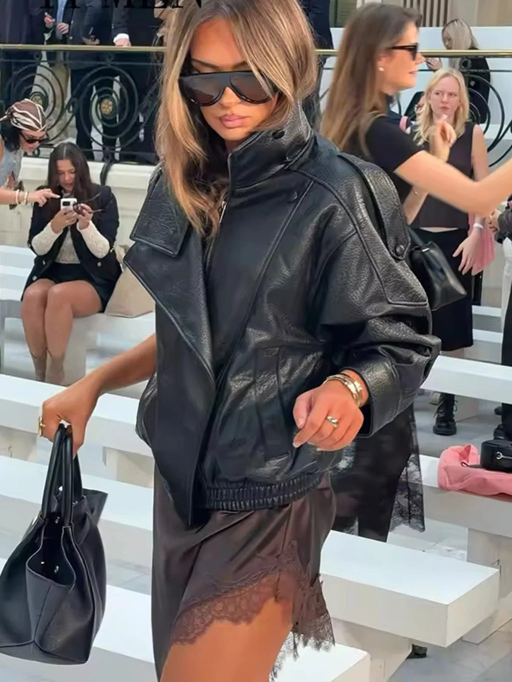 Women's Faux Leather Oversized Jacket – Long Sleeve Streetwear Coat with Button Detail