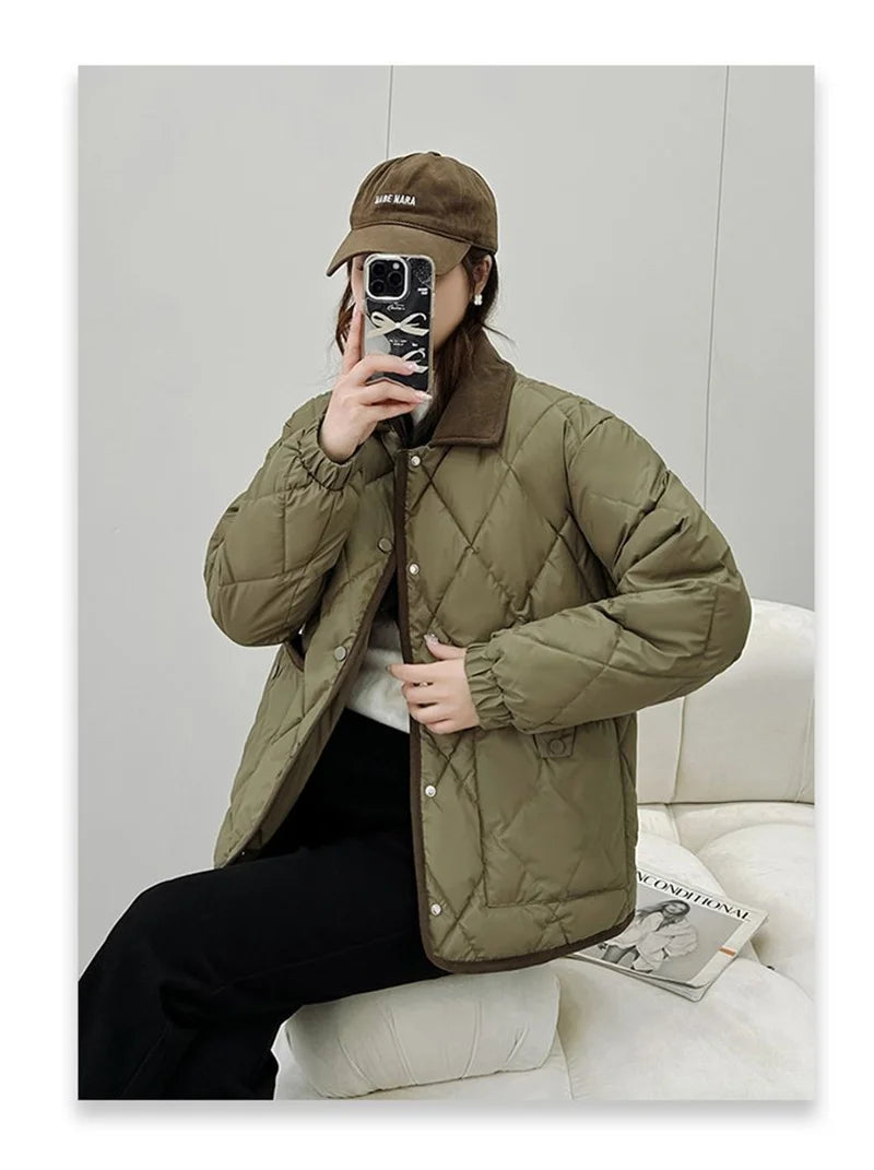 Women's PU Leather Quilted Jacket – Short Cotton-Padded Coat with Button Closure
