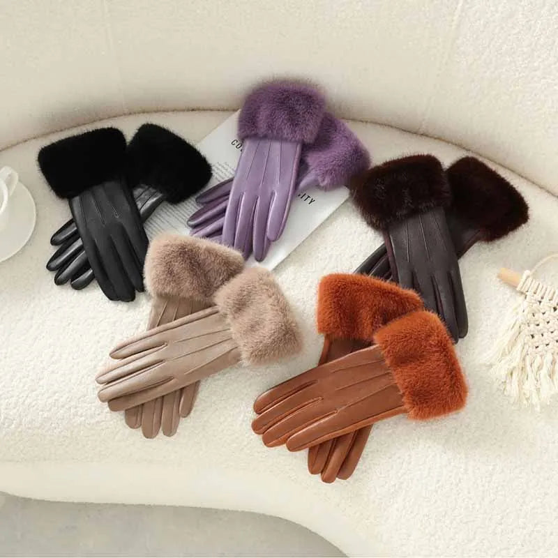 Women's Faux Fur Trim Leather-Look Gloves