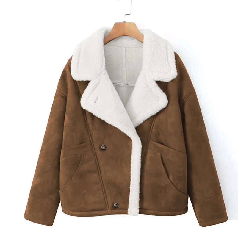 Retro Faux Lambswool Patchwork Warm Jacket Women Winter Loose Fleece Lined Thick Outerwear Woman Fashion Turn Label Cotton Coats