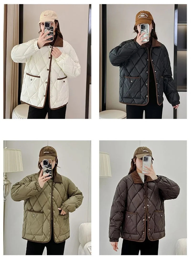Women's PU Leather Quilted Jacket – Short Cotton-Padded Coat with Button Closure