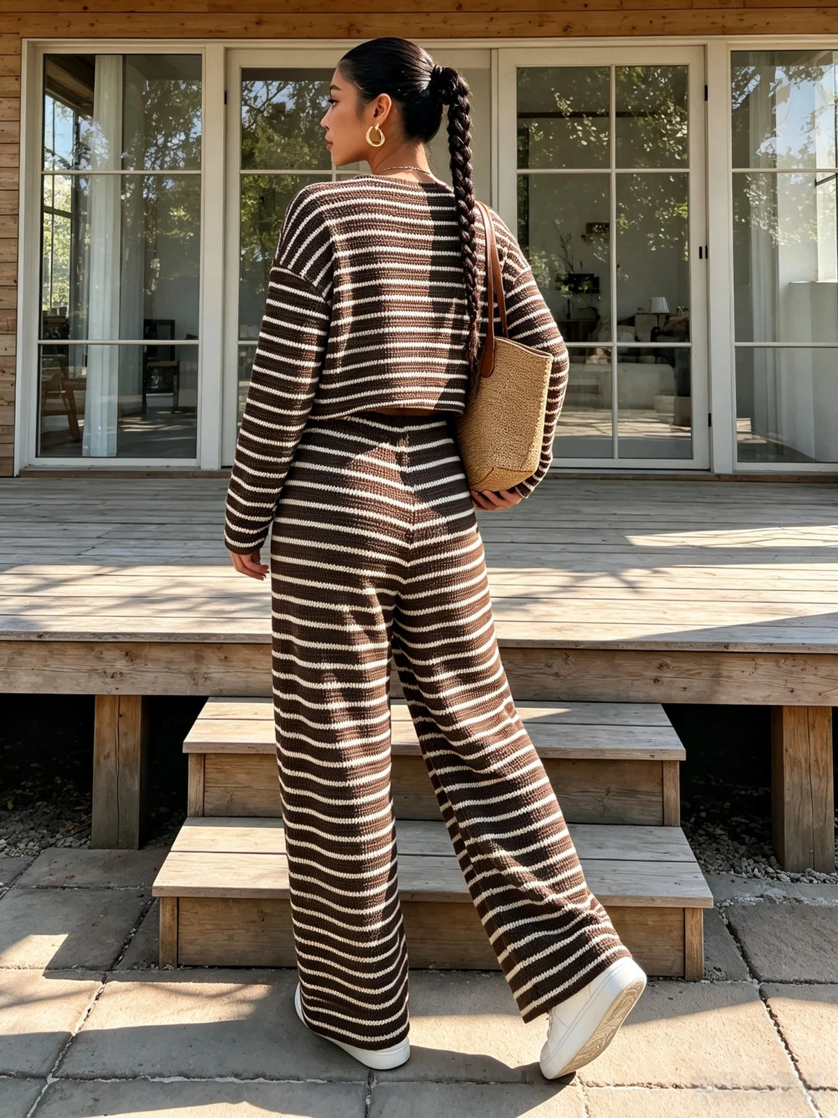 Women's Striped Knit Two-Piece Set – Crop Top & Wide-Leg Trousers