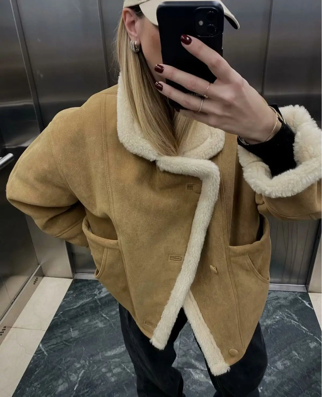 Retro Faux Lambswool Patchwork Warm Jacket Women Winter Loose Fleece Lined Thick Outerwear Woman Fashion Turn Label Cotton Coats
