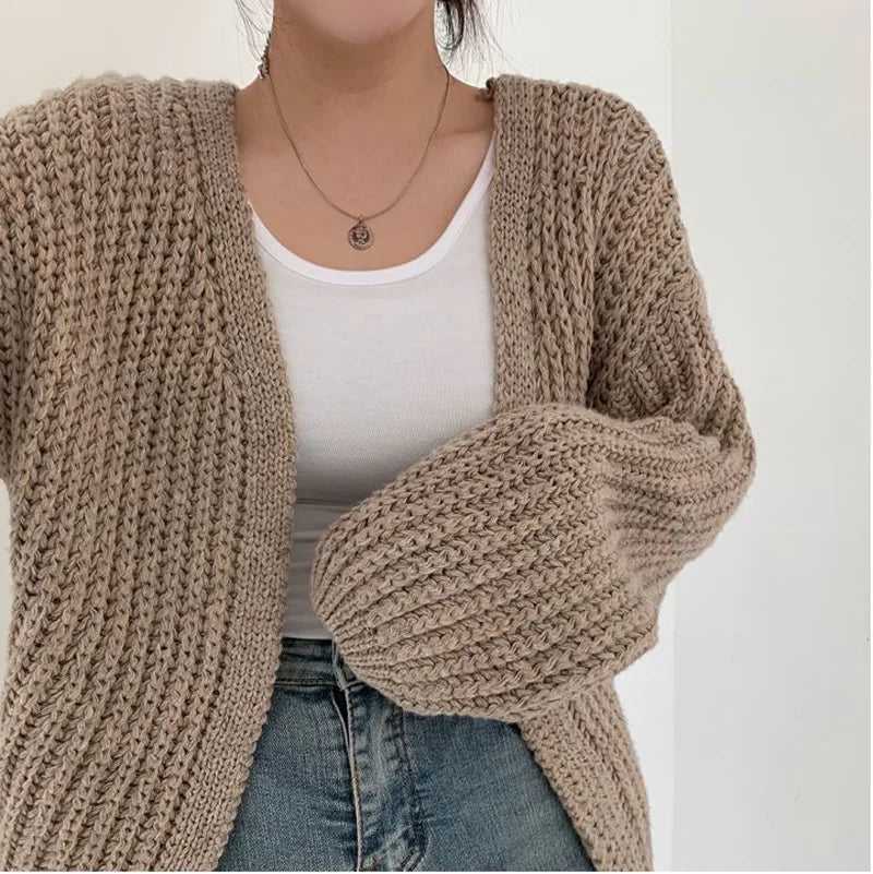 Women's Vintage Puff Sleeve Cardigan Sweater – Korean Streetwear Knit Coat