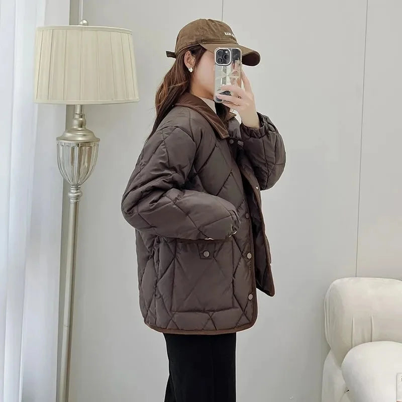 Women's PU Leather Quilted Jacket – Short Cotton-Padded Coat with Button Closure
