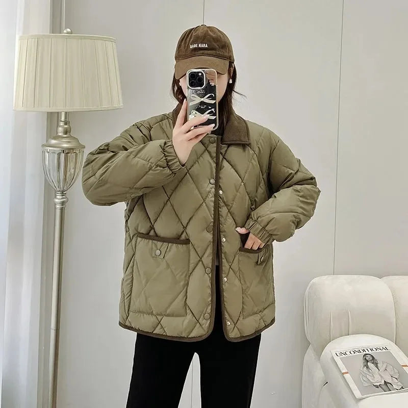 Women's PU Leather Quilted Jacket – Short Cotton-Padded Coat with Button Closure