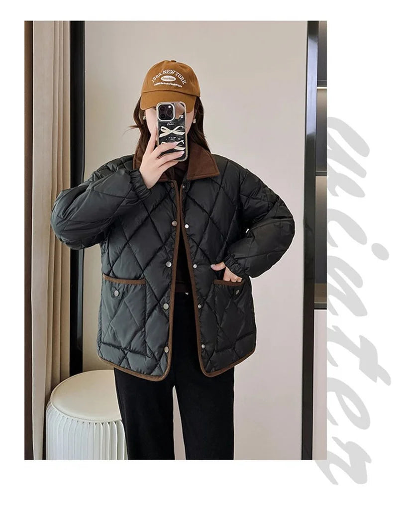 Women's PU Leather Quilted Jacket – Short Cotton-Padded Coat with Button Closure