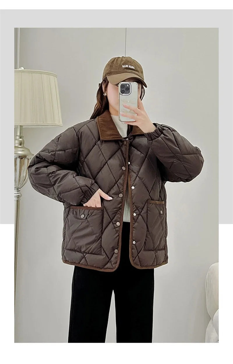 Women's PU Leather Quilted Jacket – Short Cotton-Padded Coat with Button Closure