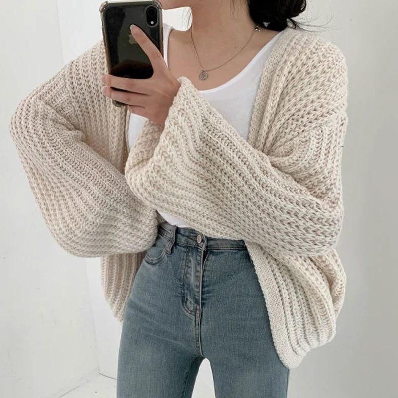 Women's Vintage Puff Sleeve Cardigan Sweater – Korean Streetwear Knit Coat
