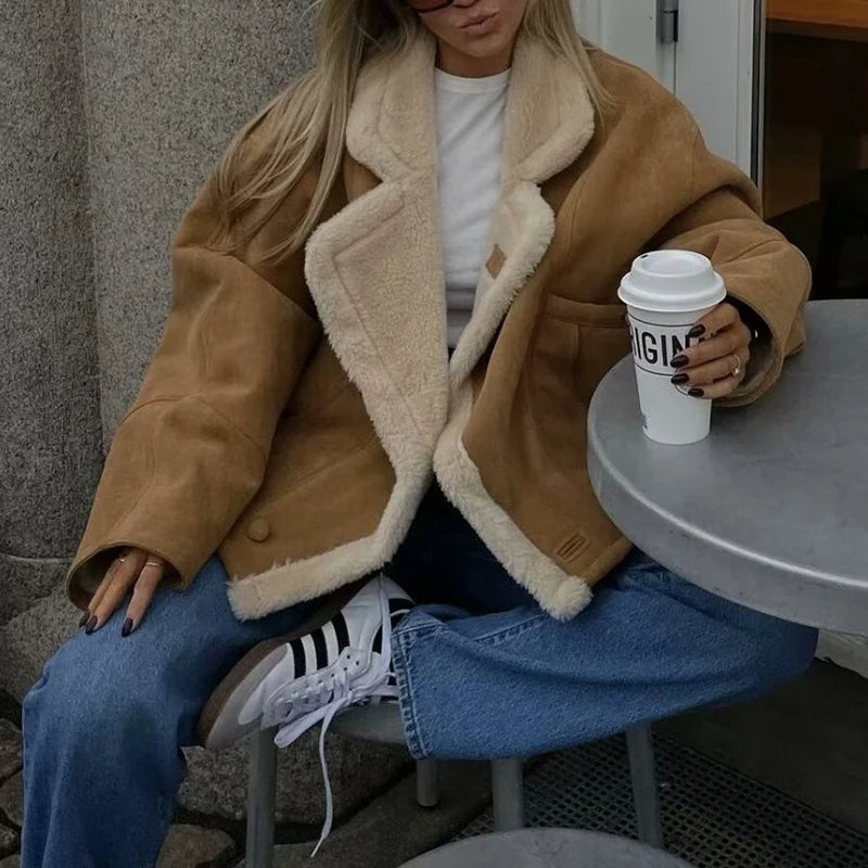Retro Faux Lambswool Patchwork Warm Jacket Women Winter Loose Fleece Lined Thick Outerwear Woman Fashion Turn Label Cotton Coats