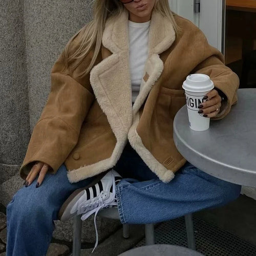 Retro Faux Lambswool Patchwork Warm Jacket Women Winter Loose Fleece Lined Thick Outerwear Woman Fashion Turn Label Cotton Coats