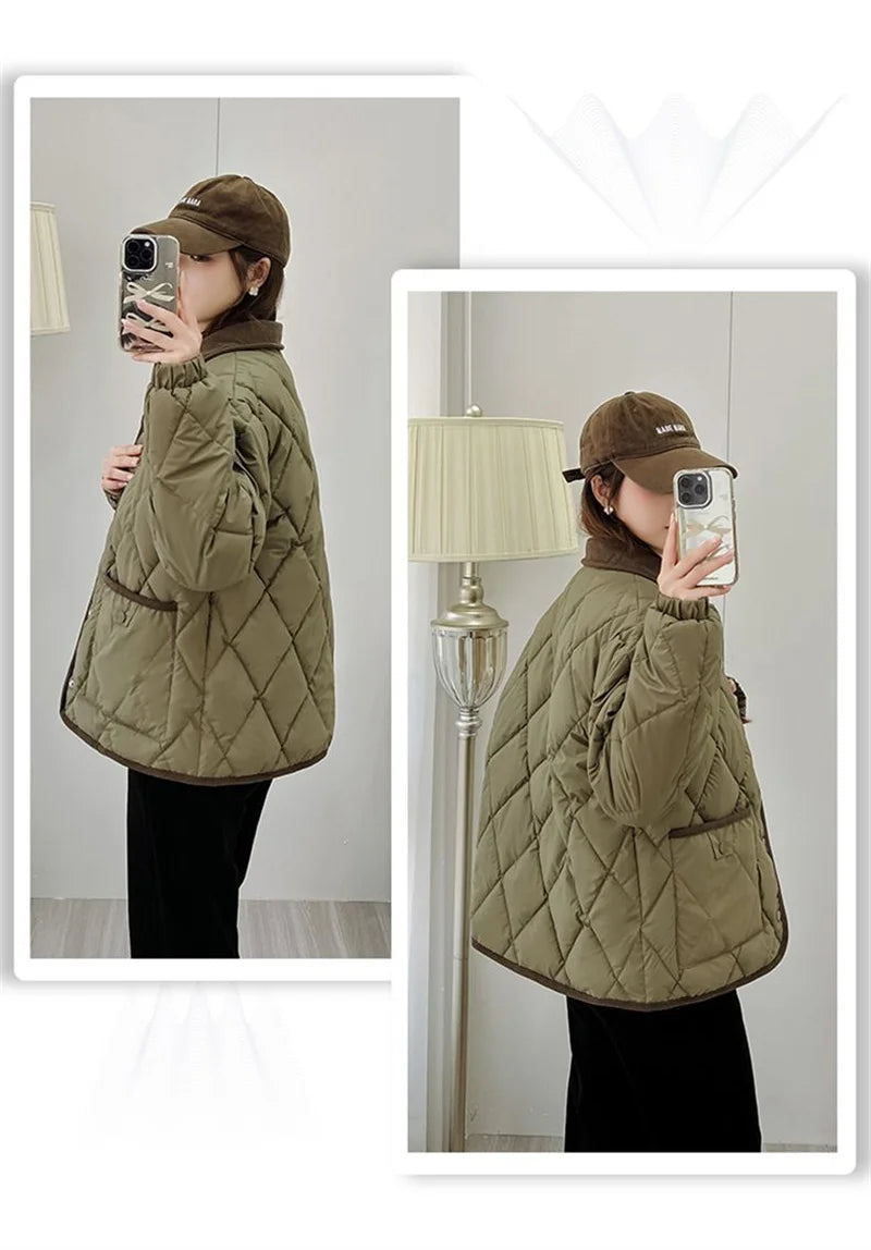 Women's PU Leather Quilted Jacket – Short Cotton-Padded Coat with Button Closure
