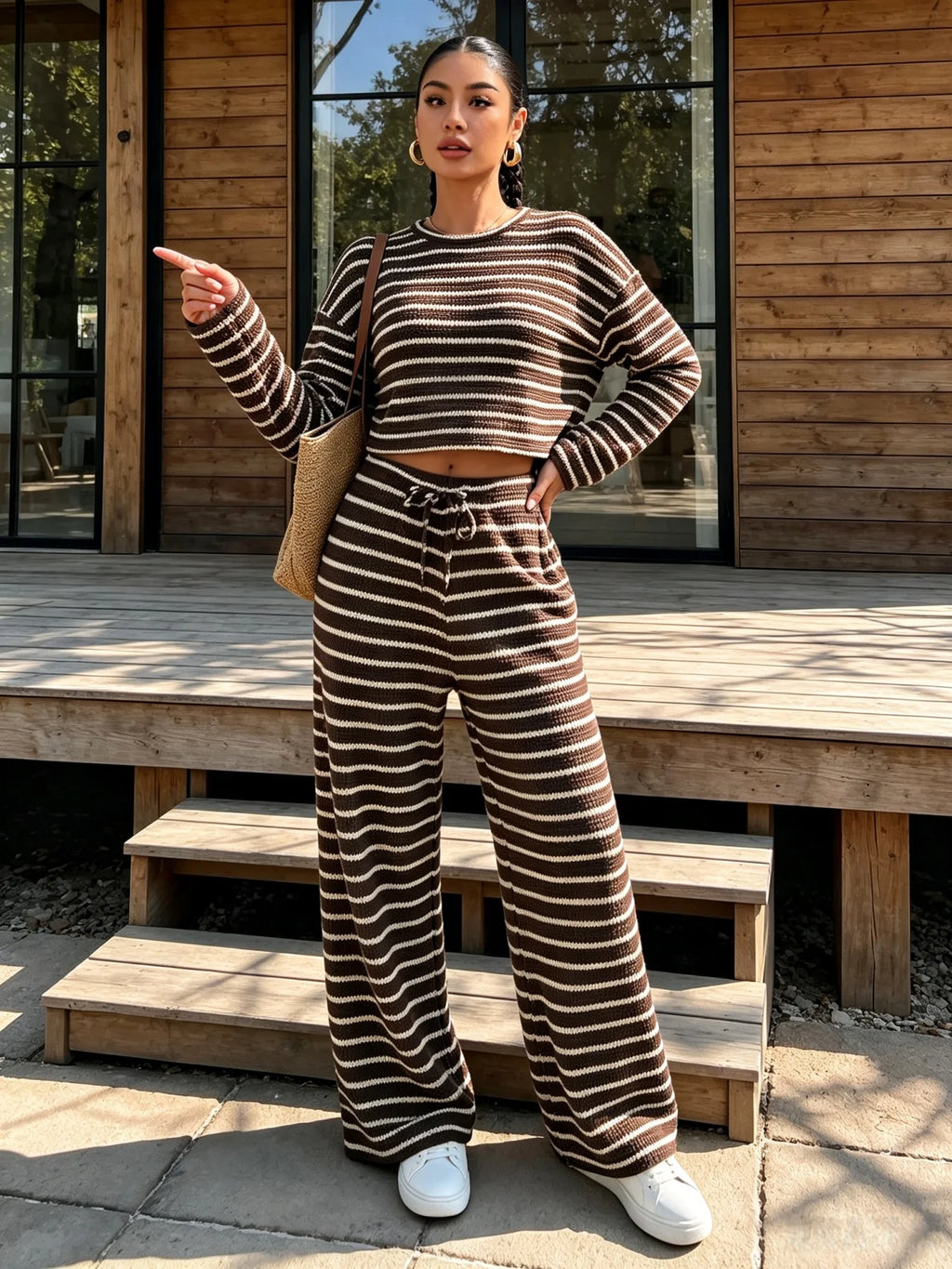 Women's Striped Knit Two-Piece Set – Crop Top & Wide-Leg Trousers