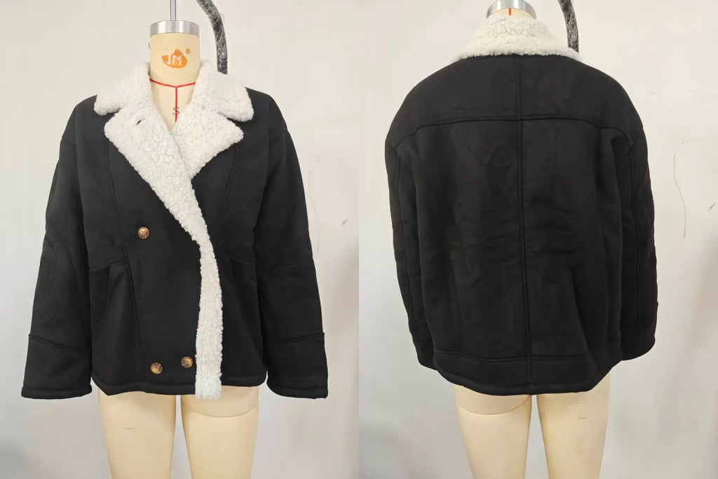 Retro Faux Lambswool Patchwork Warm Jacket Women Winter Loose Fleece Lined Thick Outerwear Woman Fashion Turn Label Cotton Coats