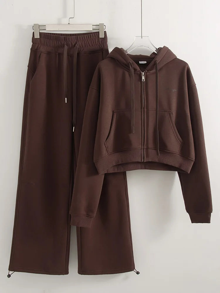 Women's Fleece Tracksuit Set – Zip-Up Hoodie & Wide-Leg Sweatpants | 2-Piece Lounge Set
