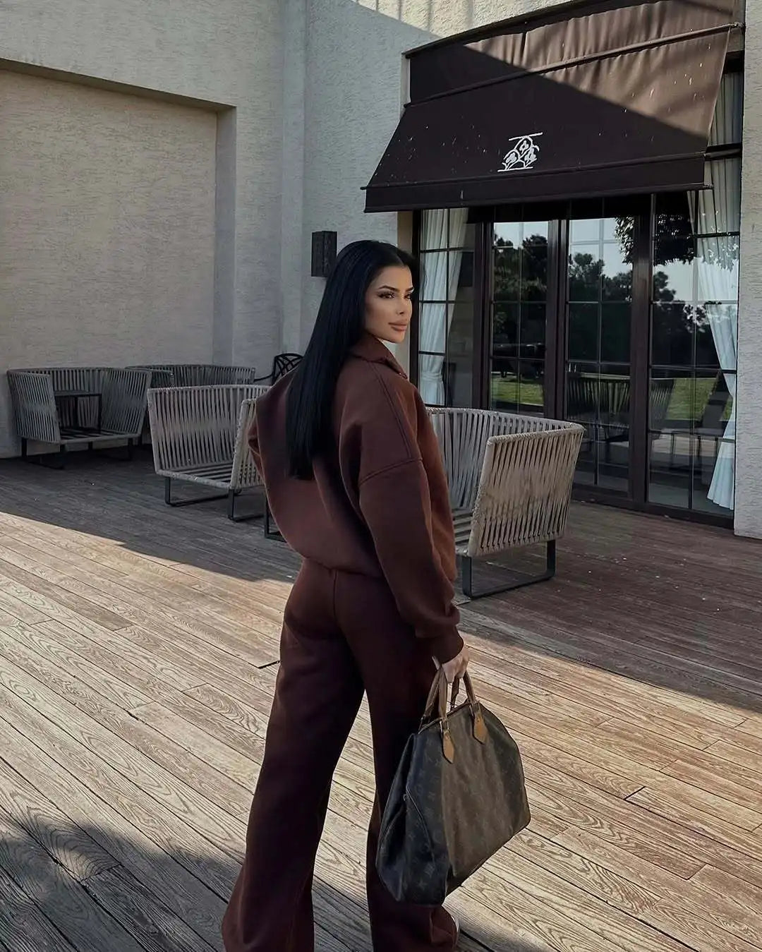 Women's Brown Fleece Tracksuit Set – Cropped Zip-Up Hoodie & Joggers