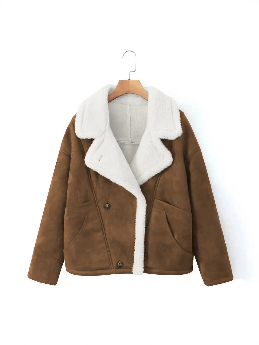 Retro Faux Lambswool Patchwork Warm Jacket Women Winter Loose Fleece Lined Thick Outerwear Woman Fashion Turn Label Cotton Coats