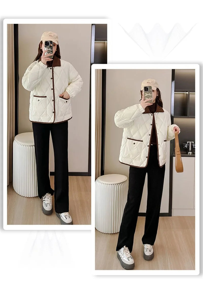 Women's PU Leather Quilted Jacket – Short Cotton-Padded Coat with Button Closure