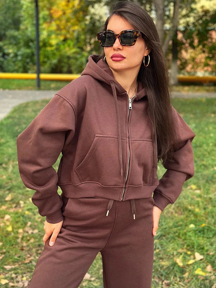 Women's Fleece Tracksuit Set – Zip-Up Hoodie & Wide-Leg Sweatpants | 2-Piece Lounge Set