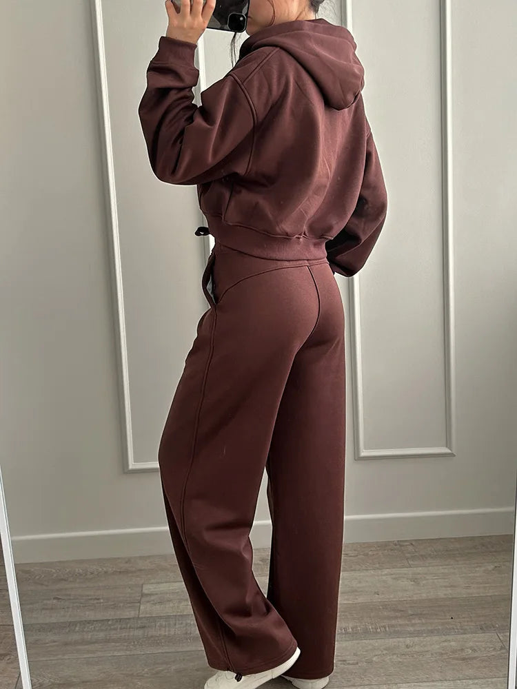 Women's Fleece Tracksuit Set – Zip-Up Hoodie & Wide-Leg Sweatpants | 2-Piece Lounge Set