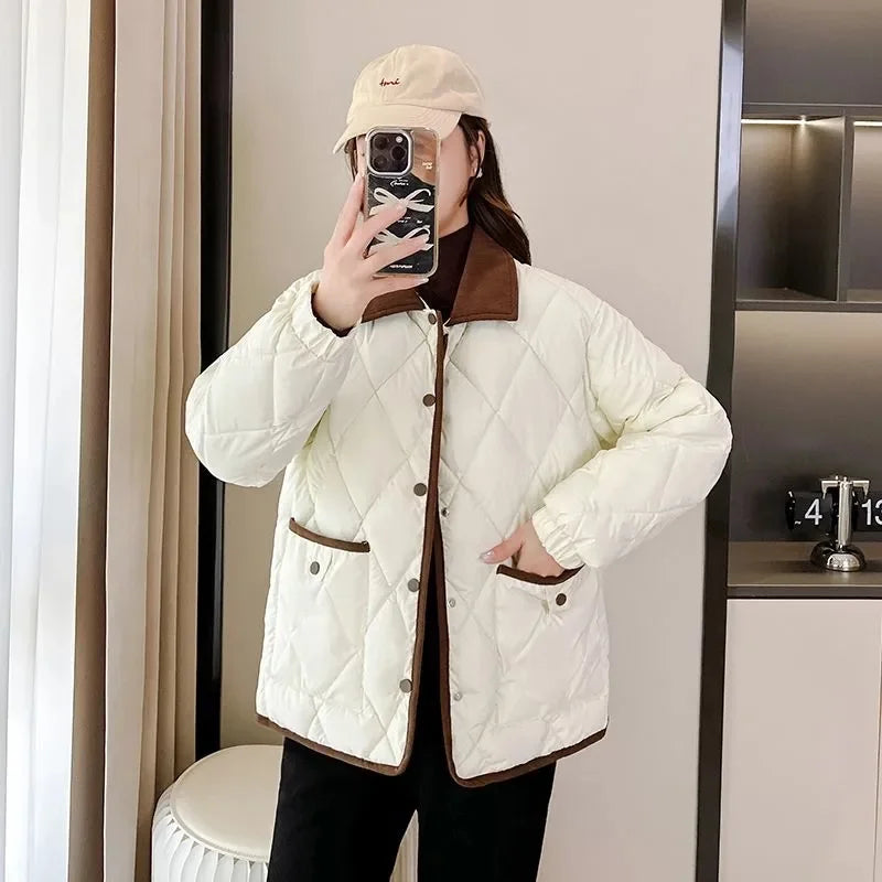 Women's PU Leather Quilted Jacket – Short Cotton-Padded Coat with Button Closure