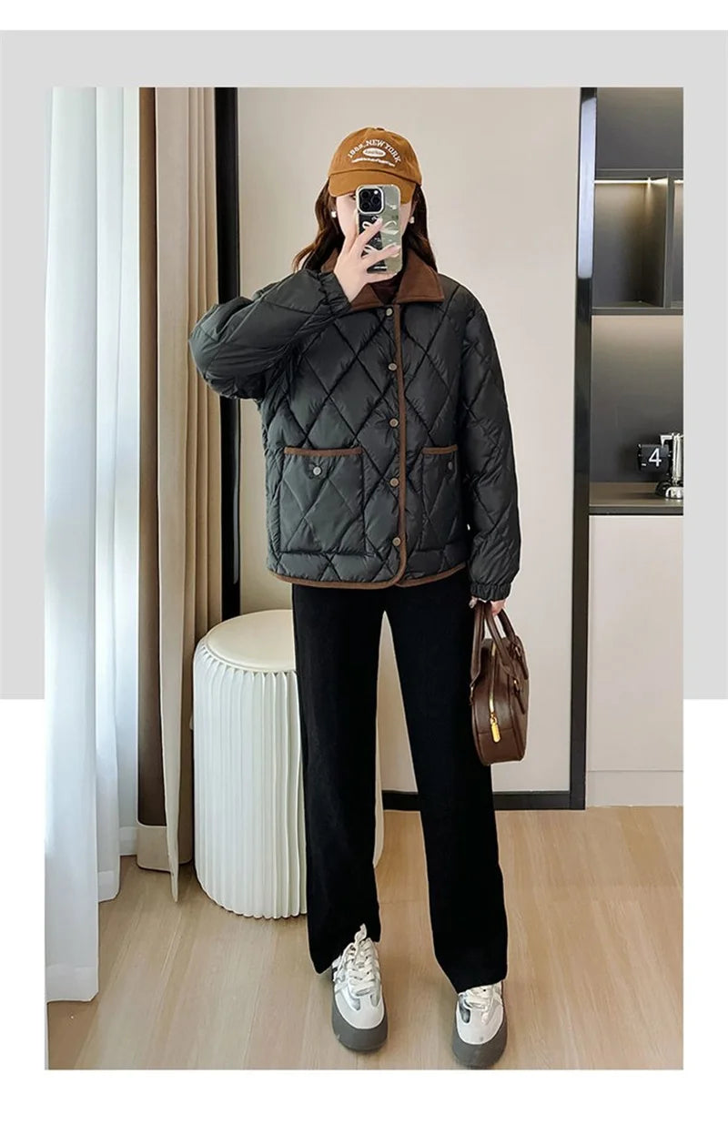 Women's PU Leather Quilted Jacket – Short Cotton-Padded Coat with Button Closure
