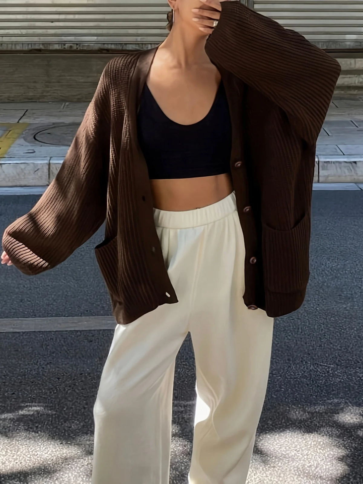 Women's Oversized Knit Cardigan – Dark Brown V-Neck Button-Up