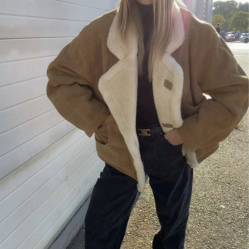 Retro Faux Lambswool Patchwork Warm Jacket Women Winter Loose Fleece Lined Thick Outerwear Woman Fashion Turn Label Cotton Coats