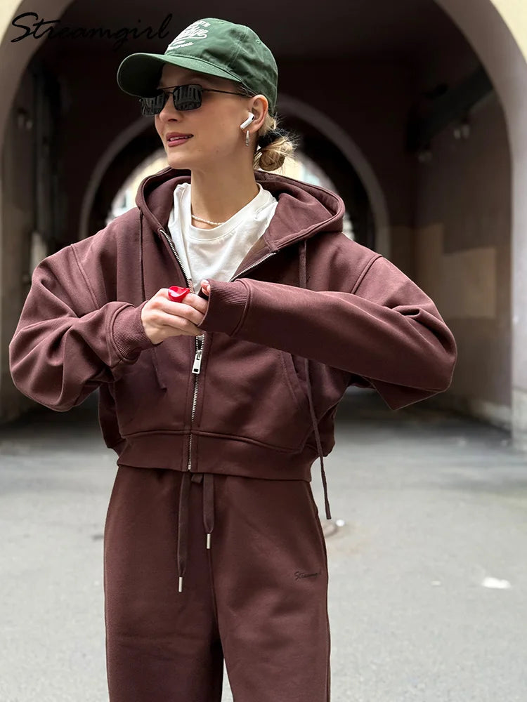 Women's Fleece Tracksuit Set – Zip-Up Hoodie & Wide-Leg Sweatpants | 2-Piece Lounge Set
