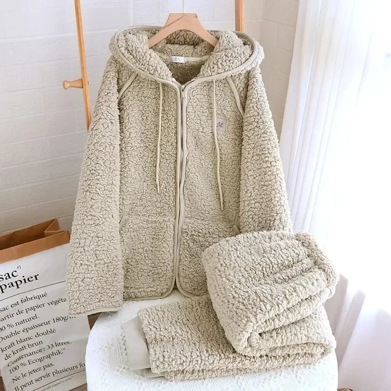 Women’s Fluffy Hooded Pyjama Set – Warm Zip-Up Winter Loungewear