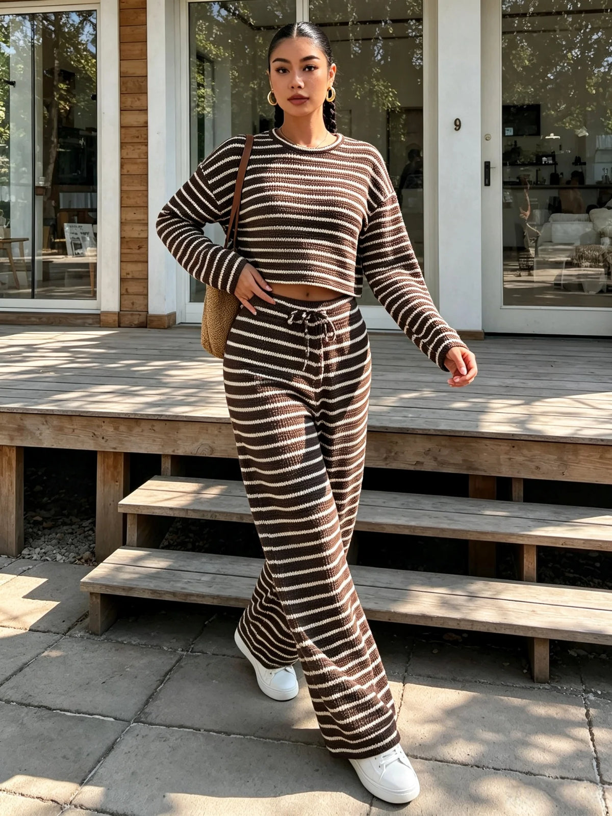 Women's Striped Knit Two-Piece Set – Crop Top & Wide-Leg Trousers