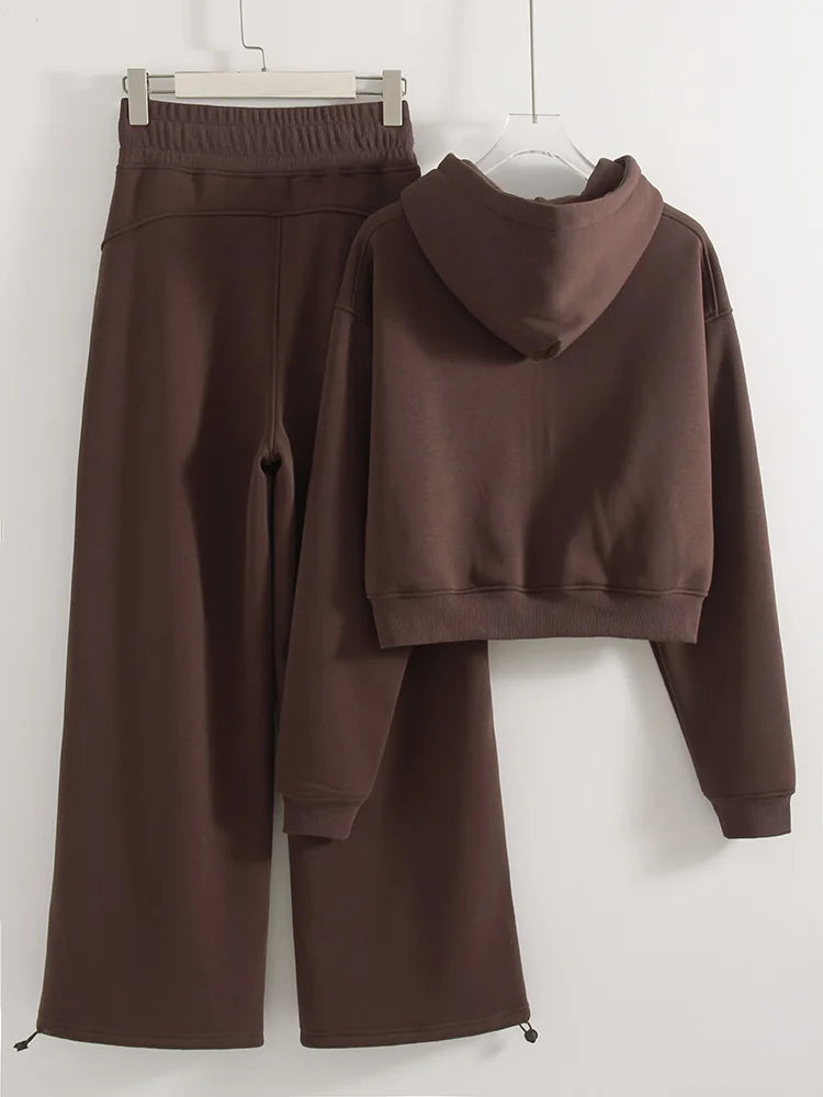 Women's Fleece Tracksuit Set – Zip-Up Hoodie & Wide-Leg Sweatpants | 2-Piece Lounge Set