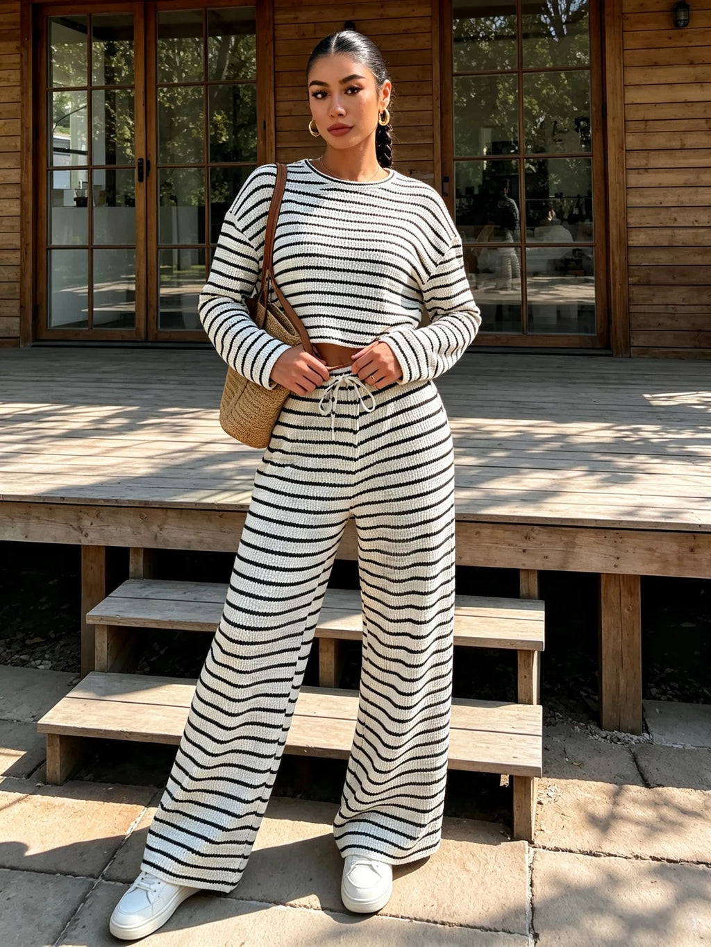 Women's Striped Knit Two-Piece Set – Crop Top & Wide-Leg Trousers