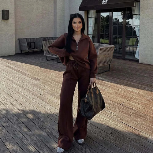 Women's Brown Fleece Tracksuit Set – Cropped Zip-Up Hoodie & Joggers