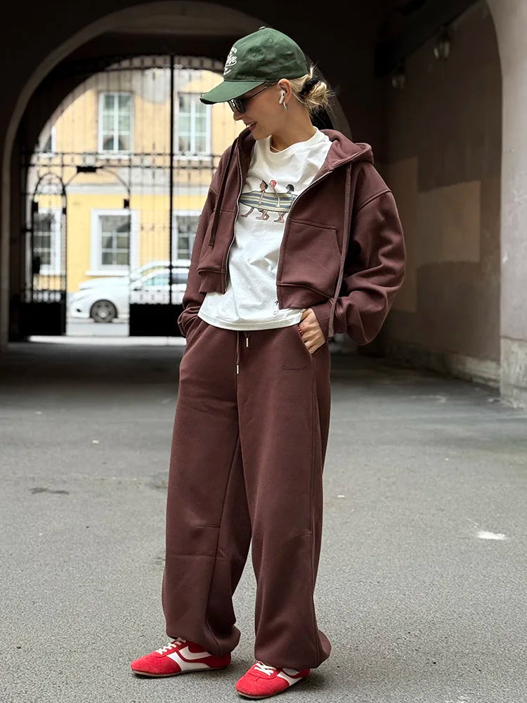 Women's Fleece Tracksuit Set – Zip-Up Hoodie & Wide-Leg Sweatpants | 2-Piece Lounge Set