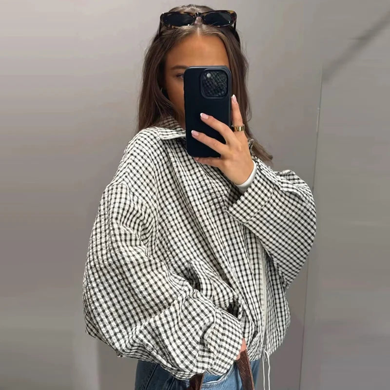 Women's Plaid Cropped Bomber Jacket – Oversized Zip-Up Outerwear for Spring & Autumn