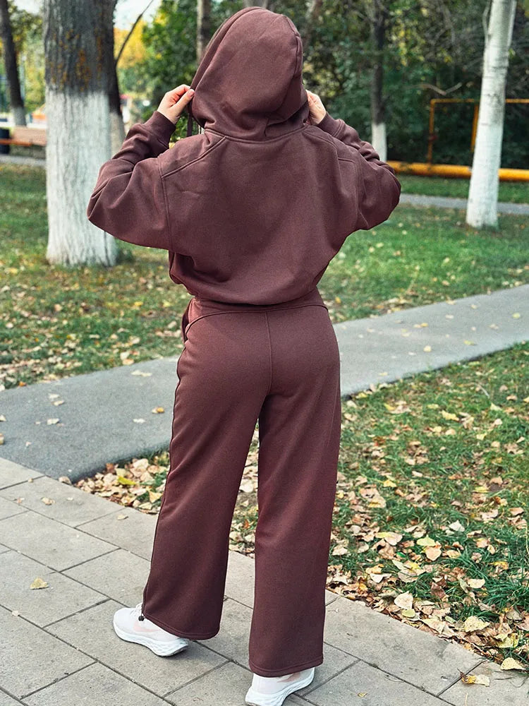 Women's Fleece Tracksuit Set – Zip-Up Hoodie & Wide-Leg Sweatpants | 2-Piece Lounge Set
