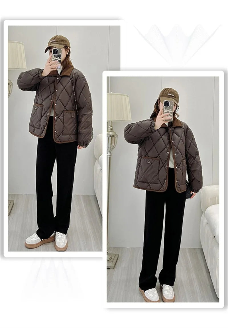 Women's PU Leather Quilted Jacket – Short Cotton-Padded Coat with Button Closure
