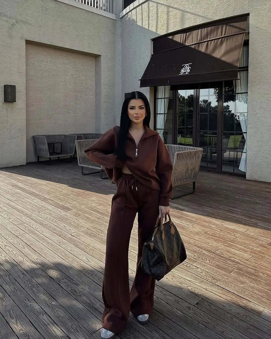 Women's Brown Fleece Tracksuit Set – Cropped Zip-Up Hoodie & Joggers
