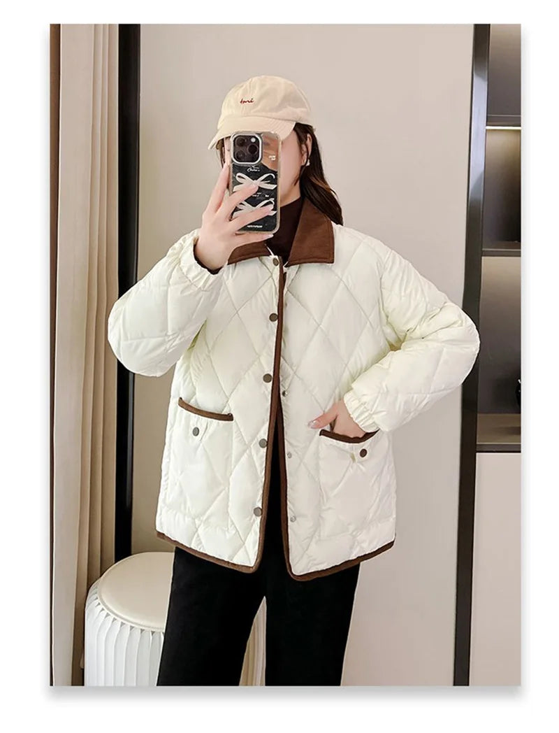 Women's PU Leather Quilted Jacket – Short Cotton-Padded Coat with Button Closure