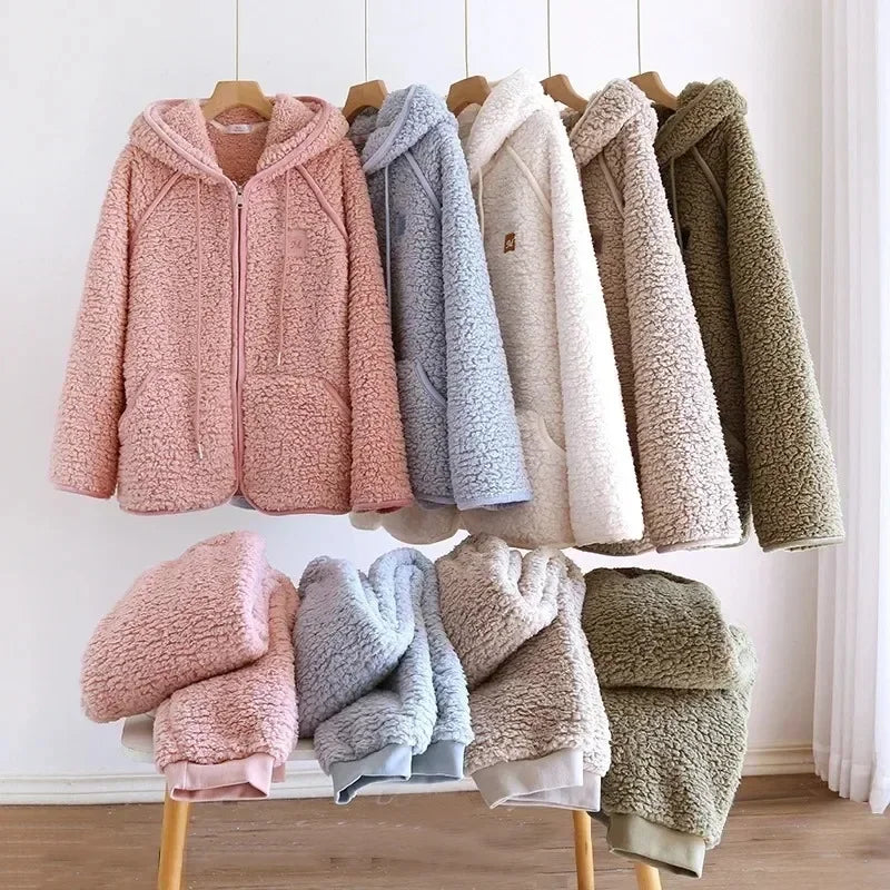Women’s Fluffy Hooded Pyjama Set – Warm Zip-Up Winter Loungewear