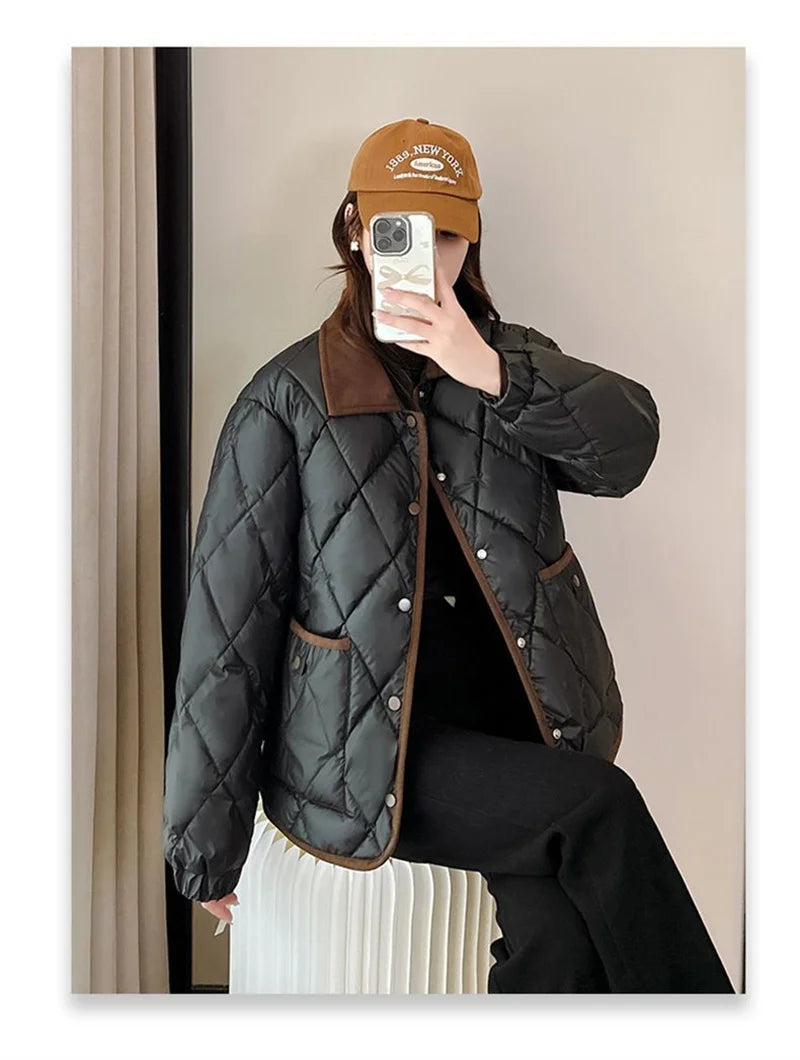 Women's PU Leather Quilted Jacket – Short Cotton-Padded Coat with Button Closure