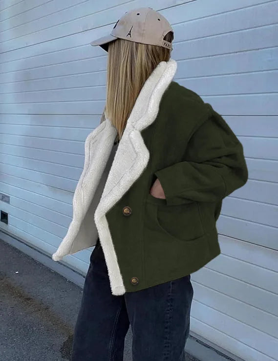 Retro Faux Lambswool Patchwork Warm Jacket Women Winter Loose Fleece Lined Thick Outerwear Woman Fashion Turn Label Cotton Coats