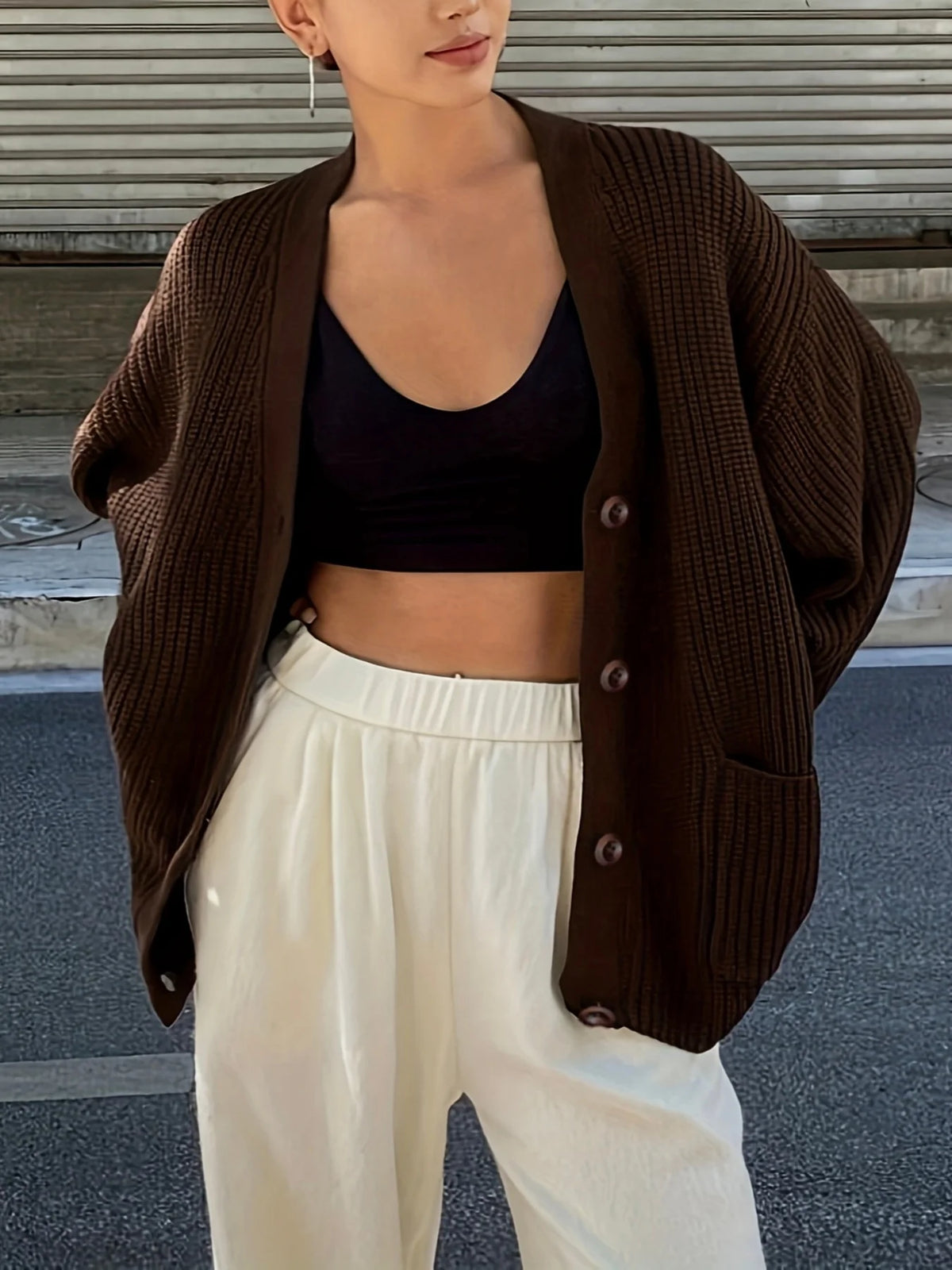 Women's Oversized Knit Cardigan – Dark Brown V-Neck Button-Up