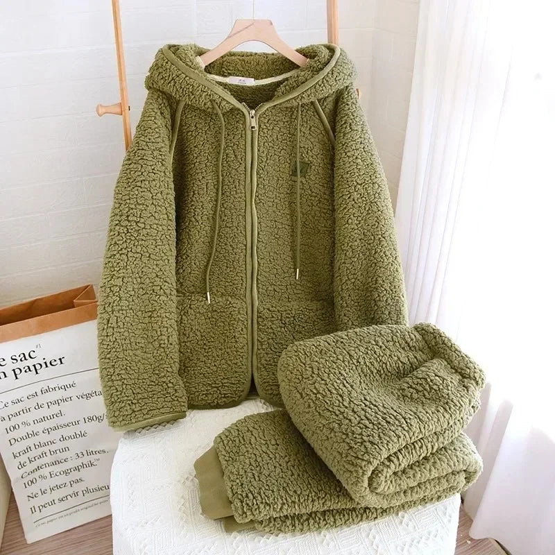 Women’s Fluffy Hooded Pyjama Set – Warm Zip-Up Winter Loungewear