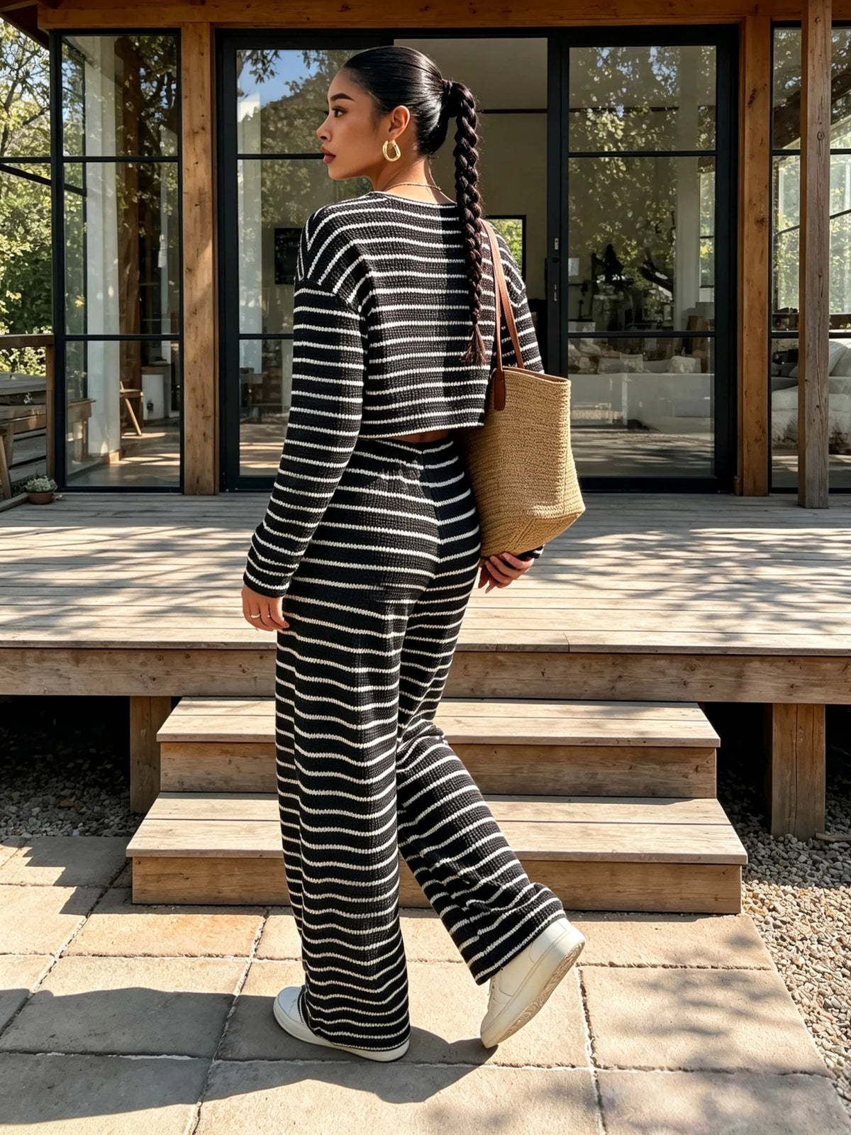 Women's Striped Knit Two-Piece Set – Crop Top & Wide-Leg Trousers
