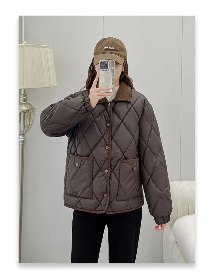 Women's PU Leather Quilted Jacket – Short Cotton-Padded Coat with Button Closure