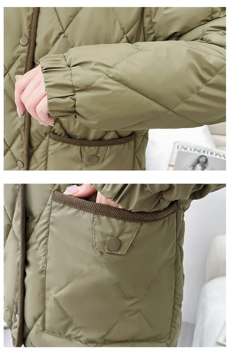 Women's PU Leather Quilted Jacket – Short Cotton-Padded Coat with Button Closure