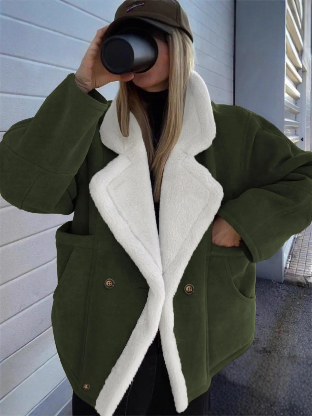 Retro Faux Lambswool Patchwork Warm Jacket Women Winter Loose Fleece Lined Thick Outerwear Woman Fashion Turn Label Cotton Coats
